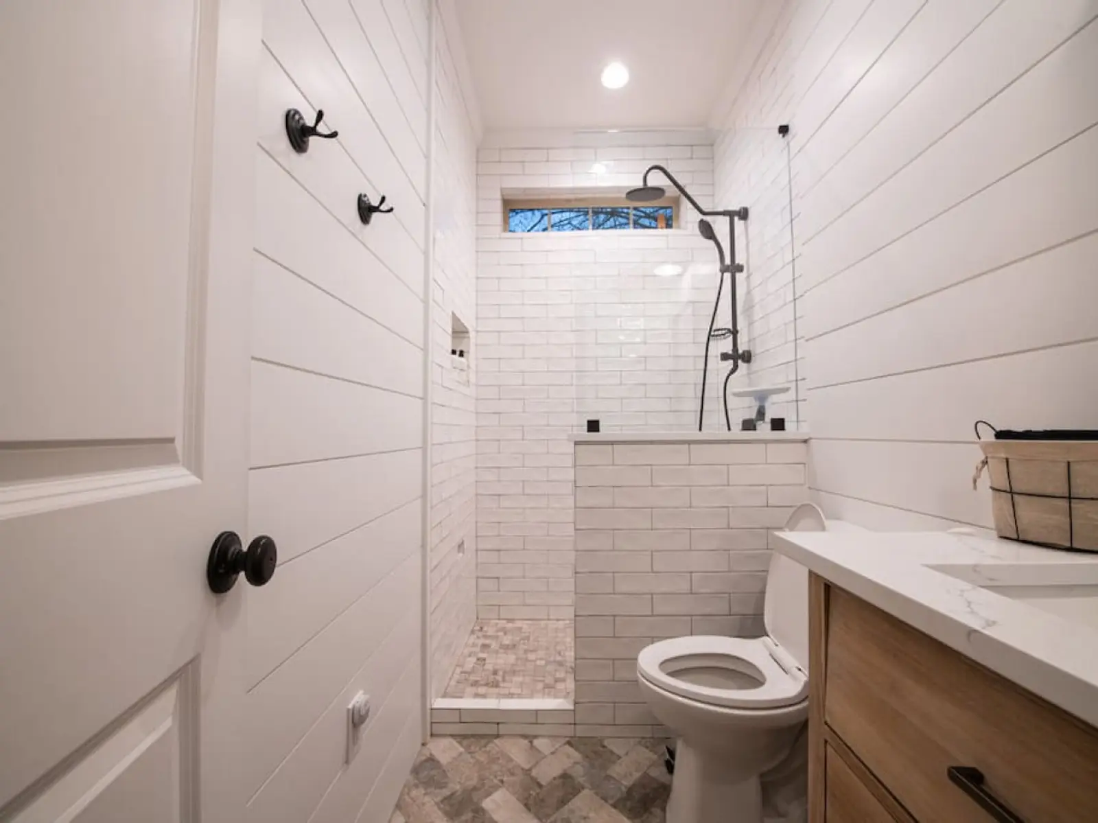 Cozy Cottage bathroom with a tiled walk-in shower