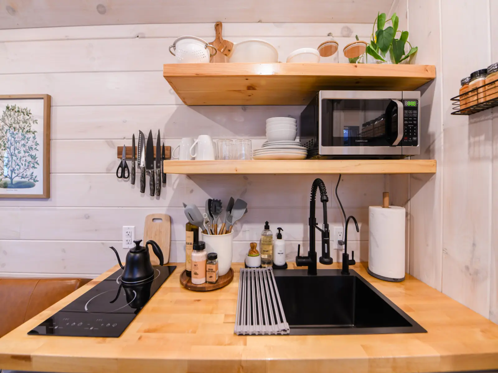 Magnolia Mini kitchen with microwave and open shelves